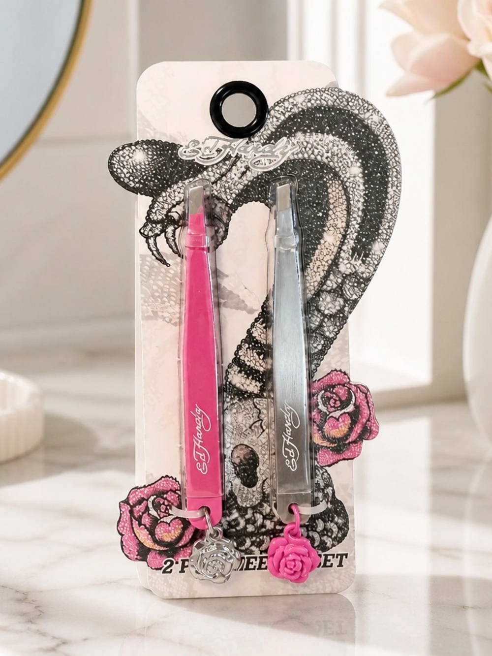 Ed Hardy 2-Piece Tweezer Set Pink Silver Rose Charms